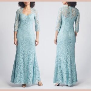 NEW $278 Eliza J [ PLUS 14W ]  3/4-Sleeve‎ Floral Lace Trumpet Gown Sage #S2055